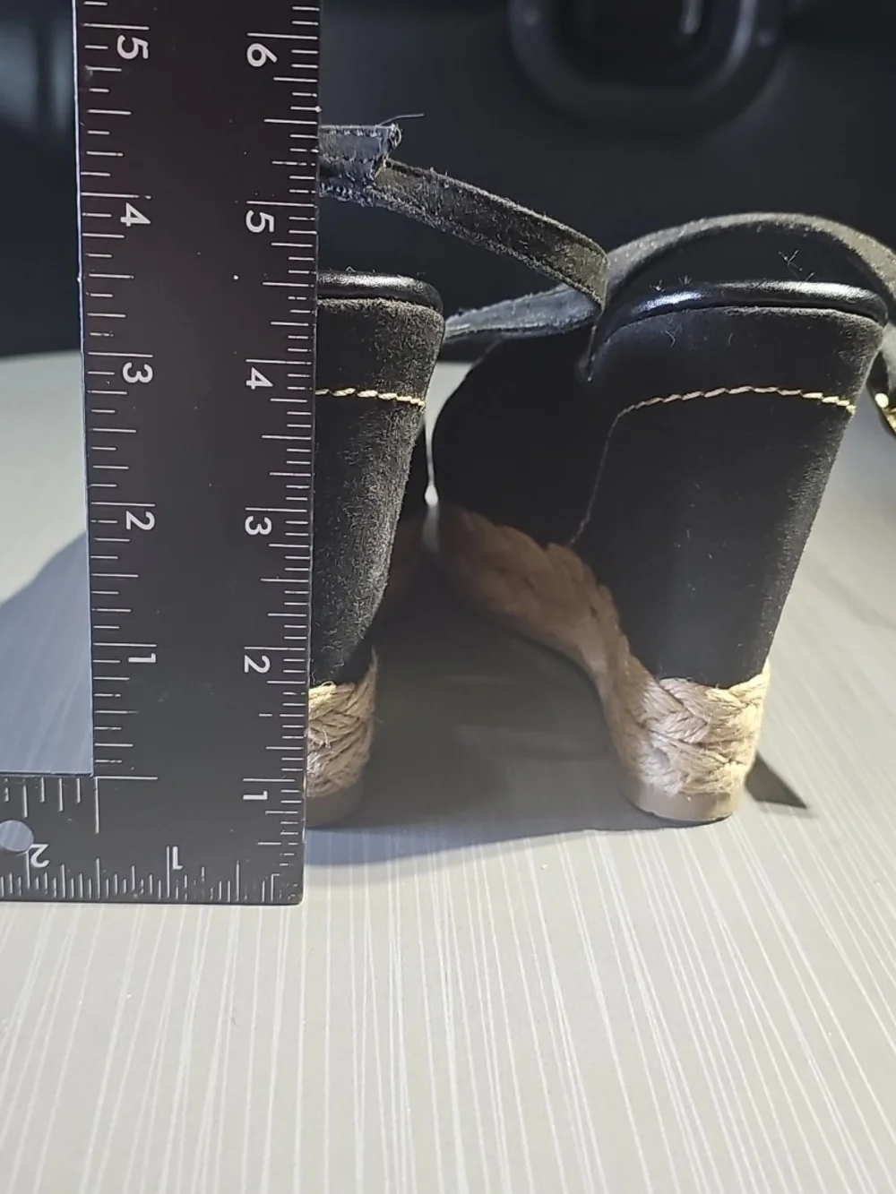 BRASH Black Suede Peep Toe Sling Back‎ Wedge Shoes Women's 5 Excellent PreOwned